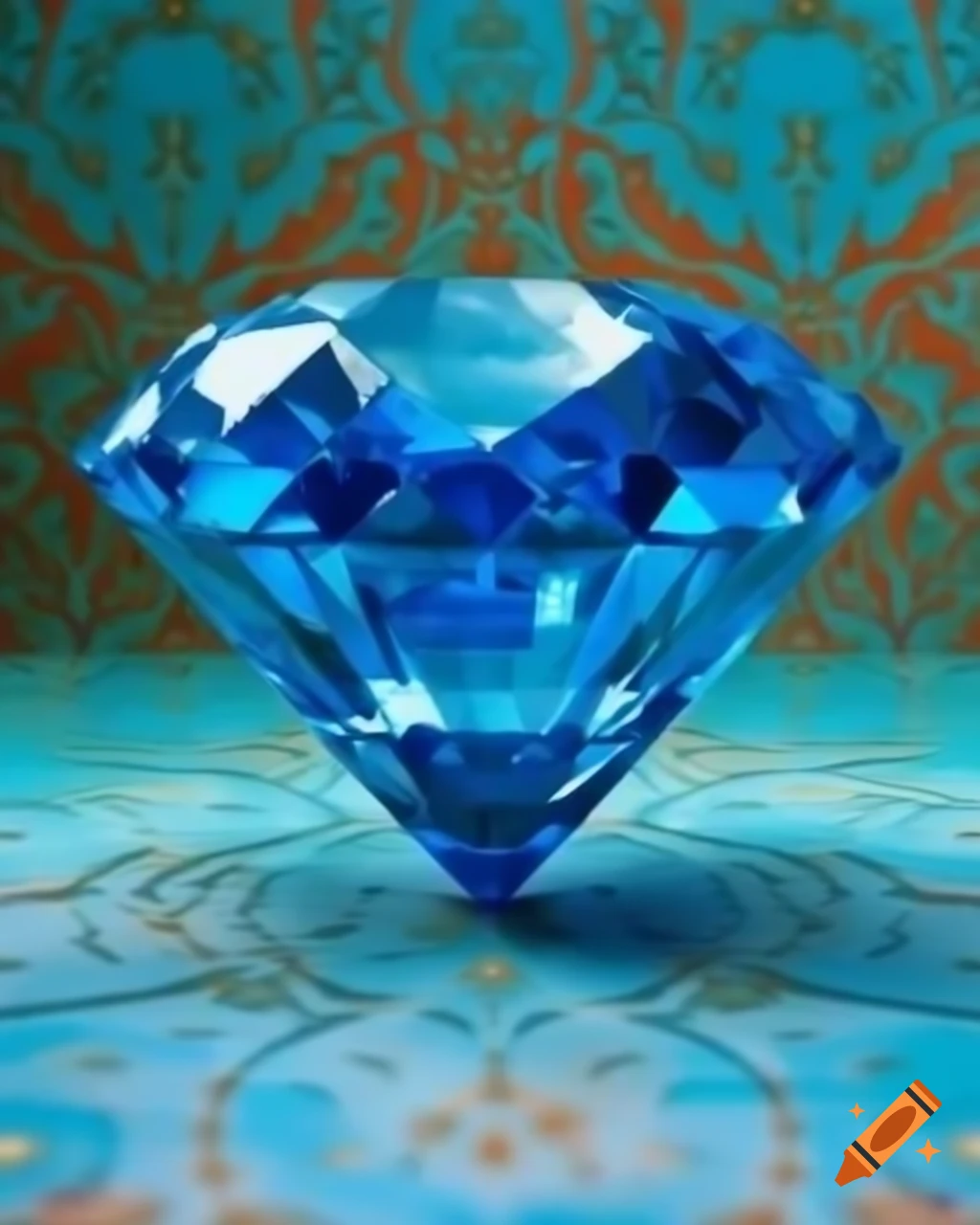 Vibrant blue diamond on faded floral wallpaper background, muted palette