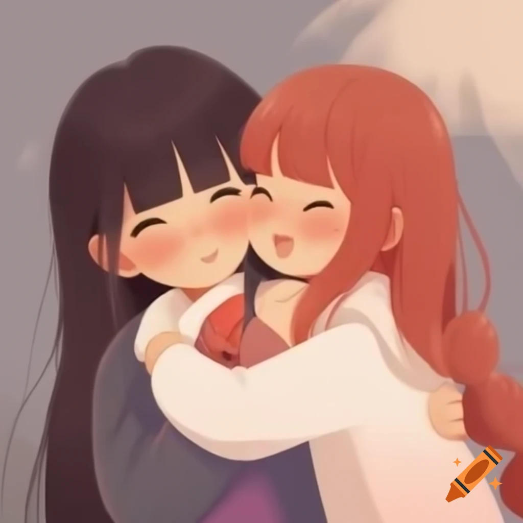 Anime girls embracing in a warm and friendly scene