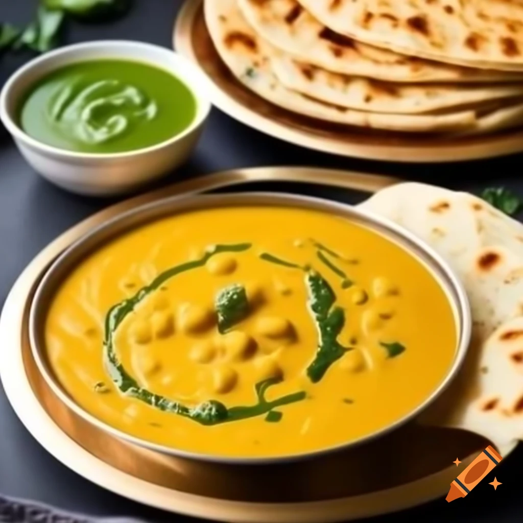 Dal makhani thali with roti, green sauce, and salad