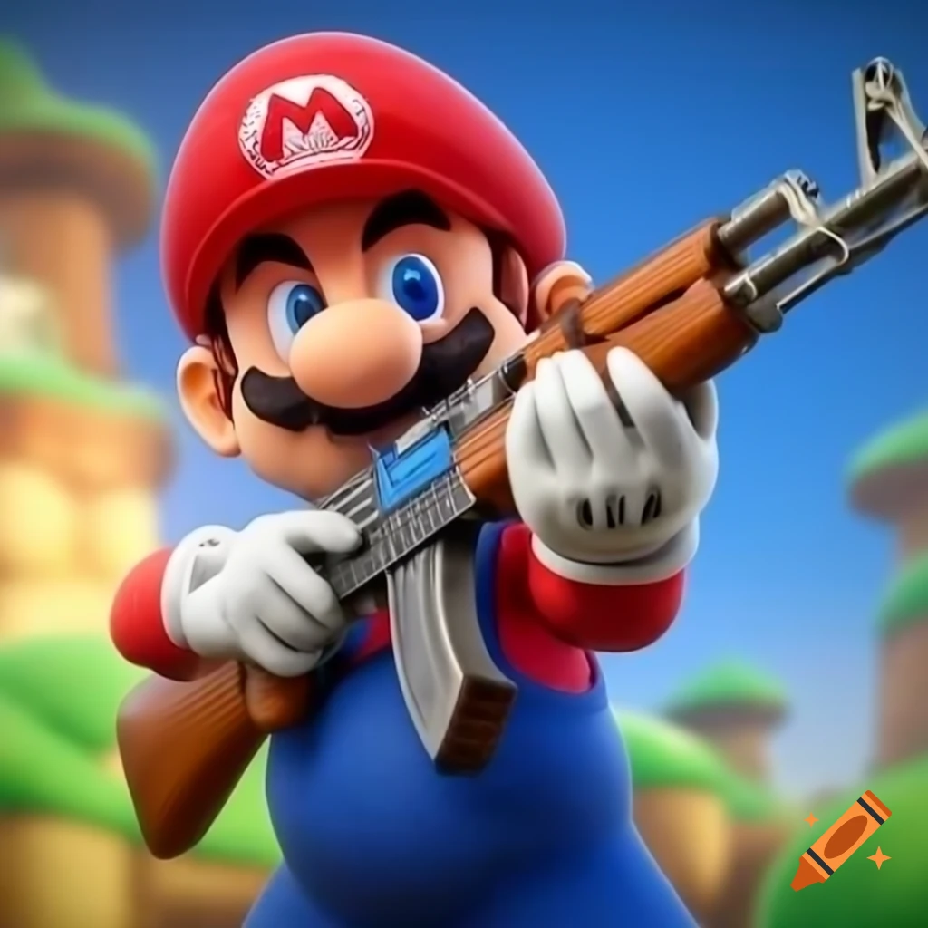 Cartoon character resembling Mario holding an AK47 in a dynamic pose