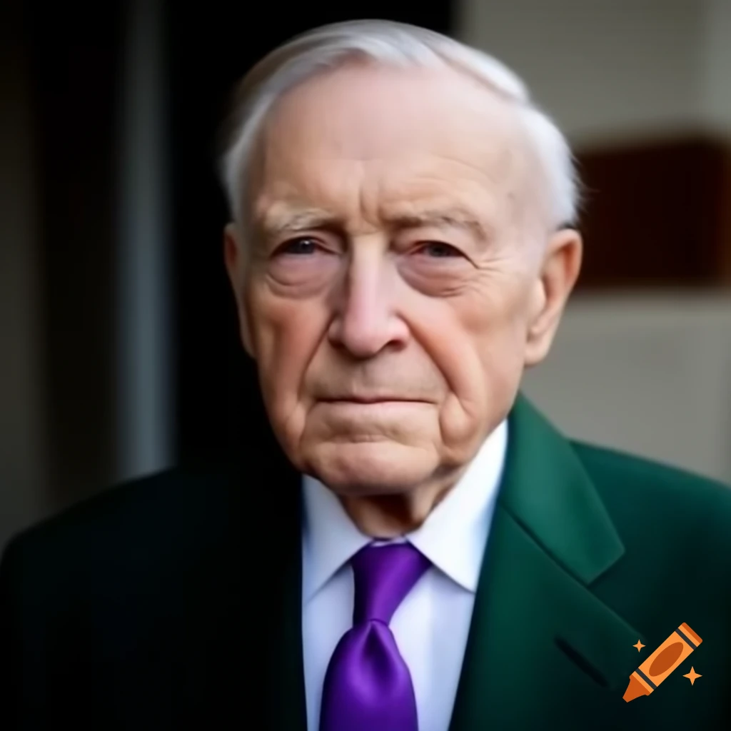 Serious politician in dark green suit and purple tie