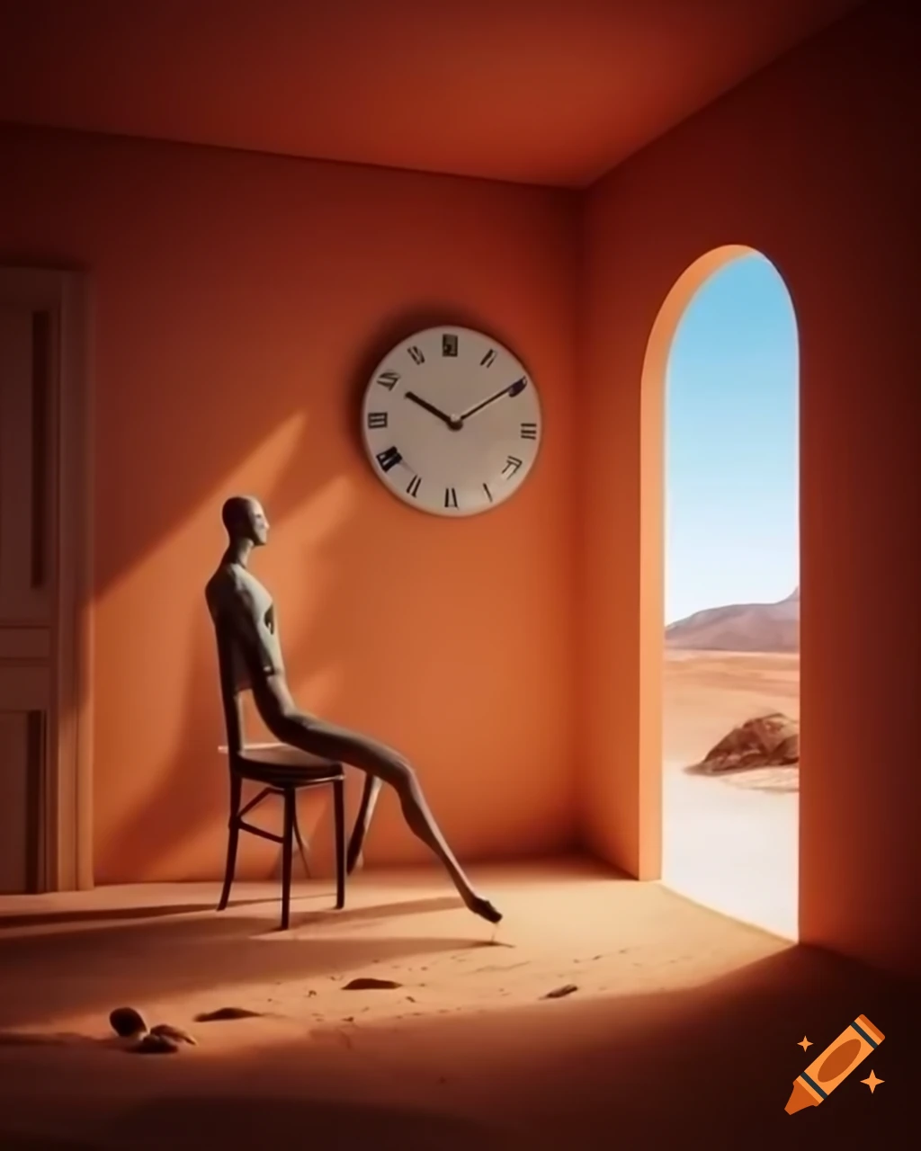 Surrealist interior with clock, mannequin, orange light from ceiling window, and desert view