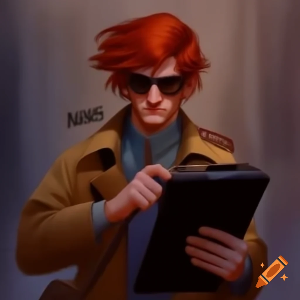 Man with red hair in trench coat and sunglasses holding clipboard for petitions