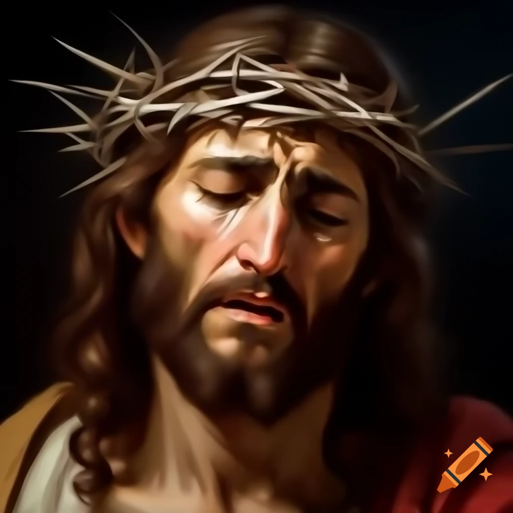 Annoyed Jesus with crown of thorns confronting Talmudic sage in ancient Judea, renaissance style