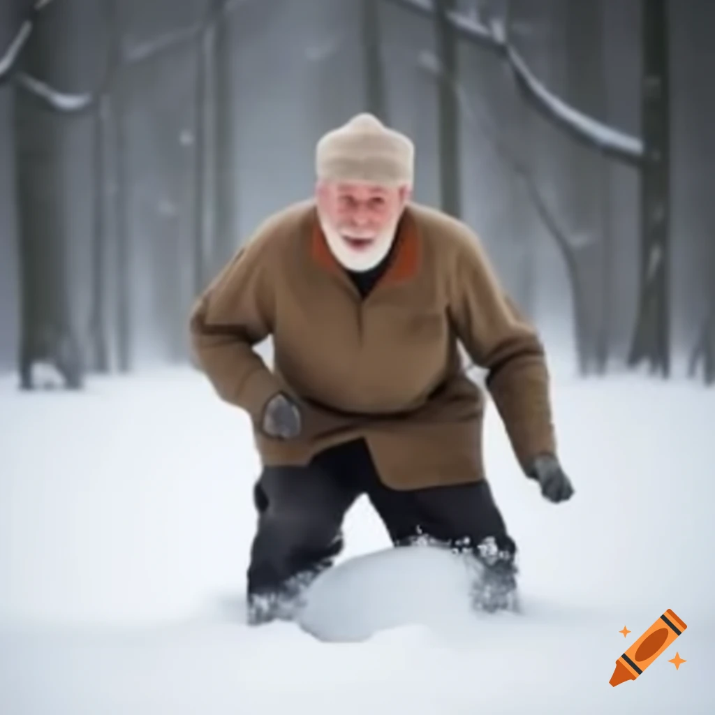 Old man enjoying playing in the snow