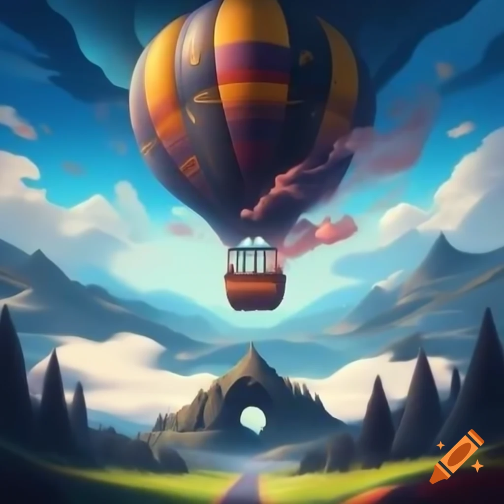 Gigantic hot air balloon drifting above high mountain with narrow tunnel