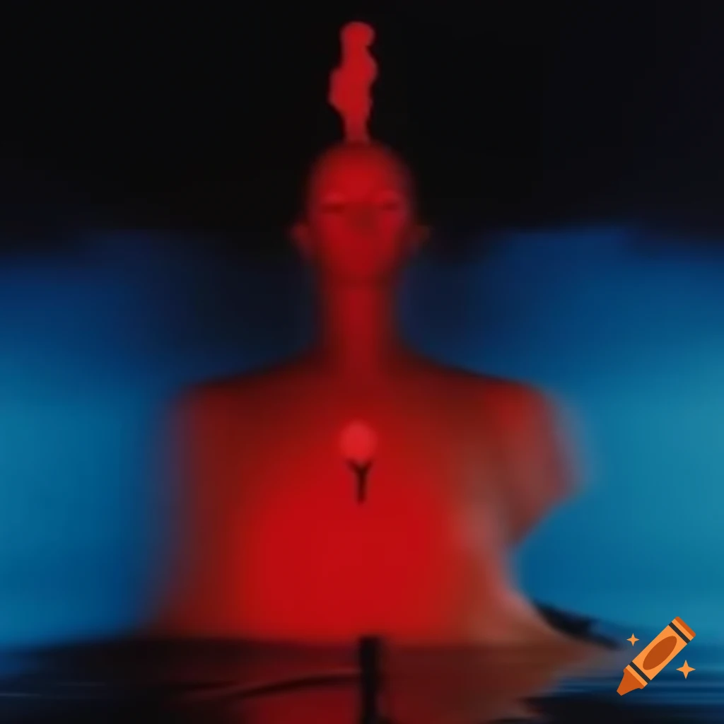 Pop surreal 2000's photography featuring red glass statue