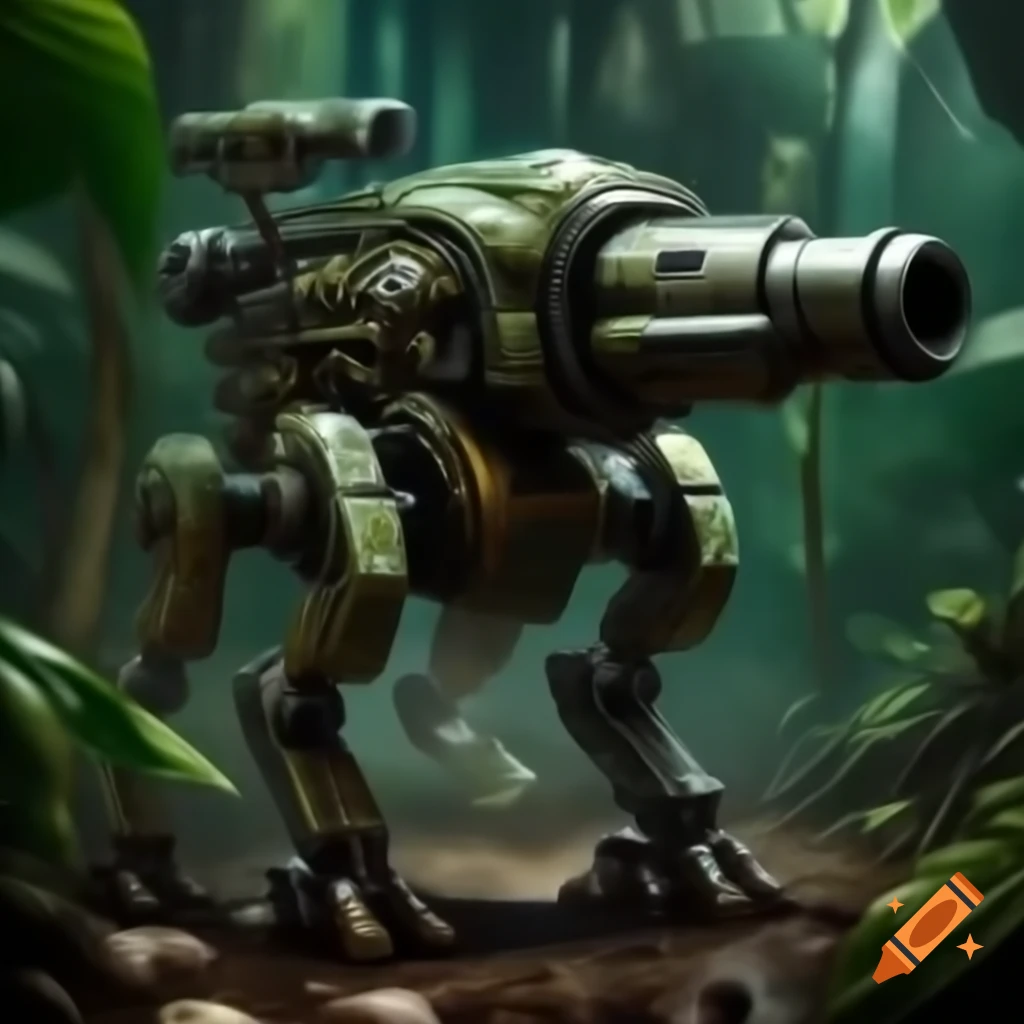 High-tech sentinel cannon with robotic legs carrying beer kegs in jungle battlefield