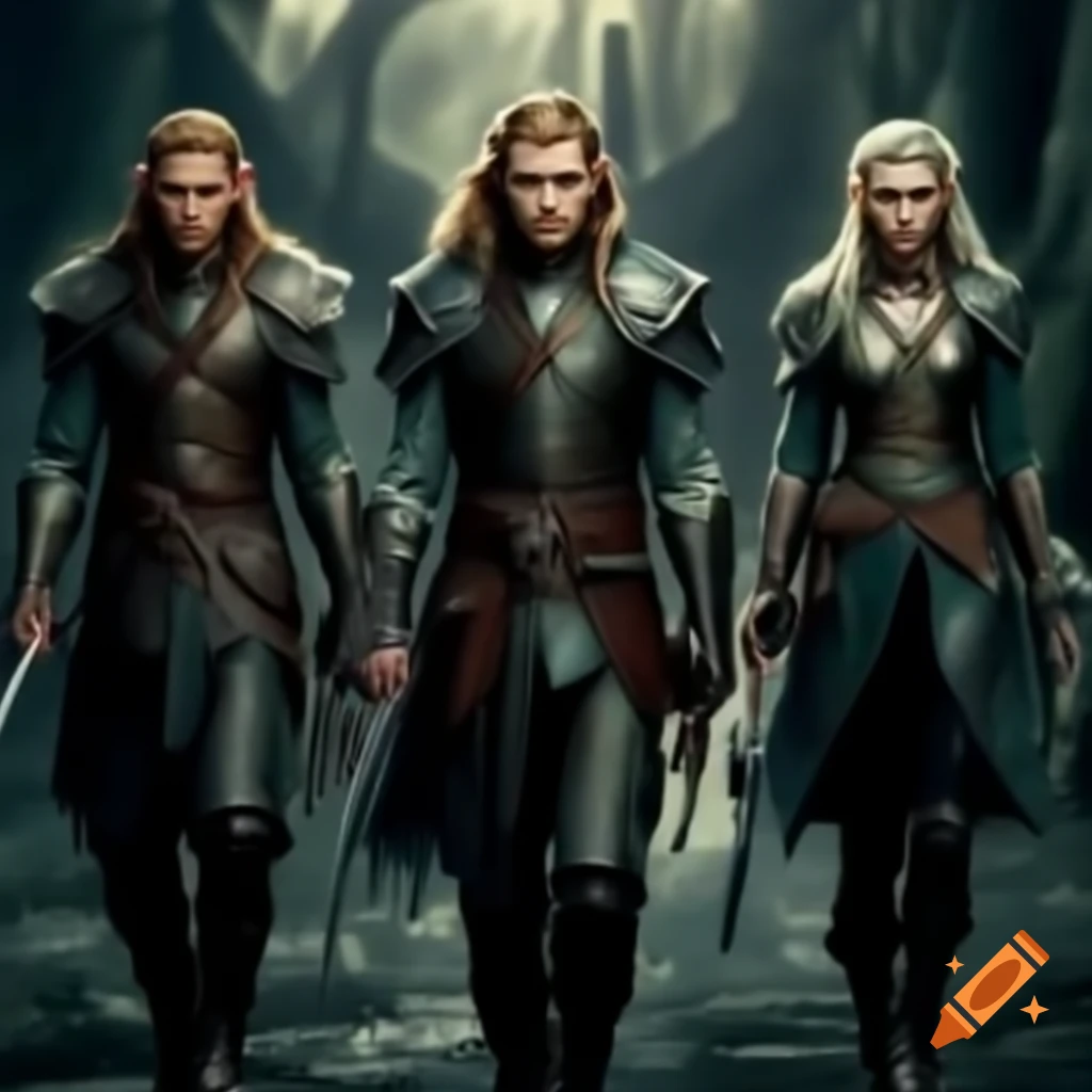 Three elven warriors with swords walking backwards