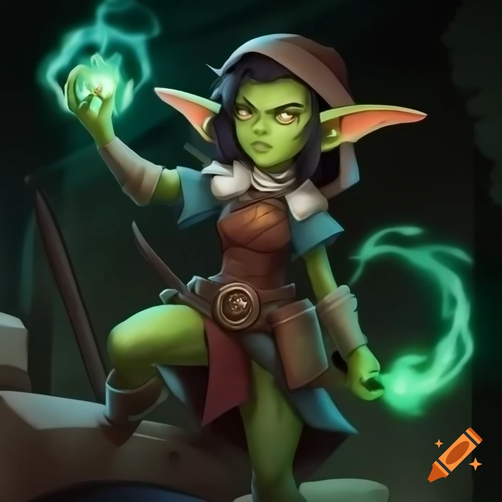 Female goblin warlock illustration with wand and magical energy in stone dungeon