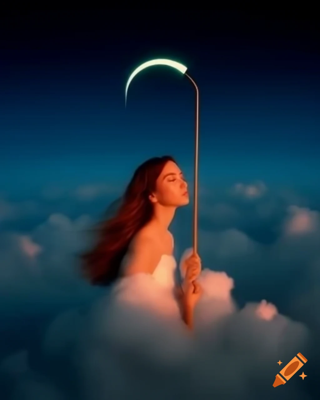 Woman on cloud holding crescent lamp lighting up night sky with peach clouds
