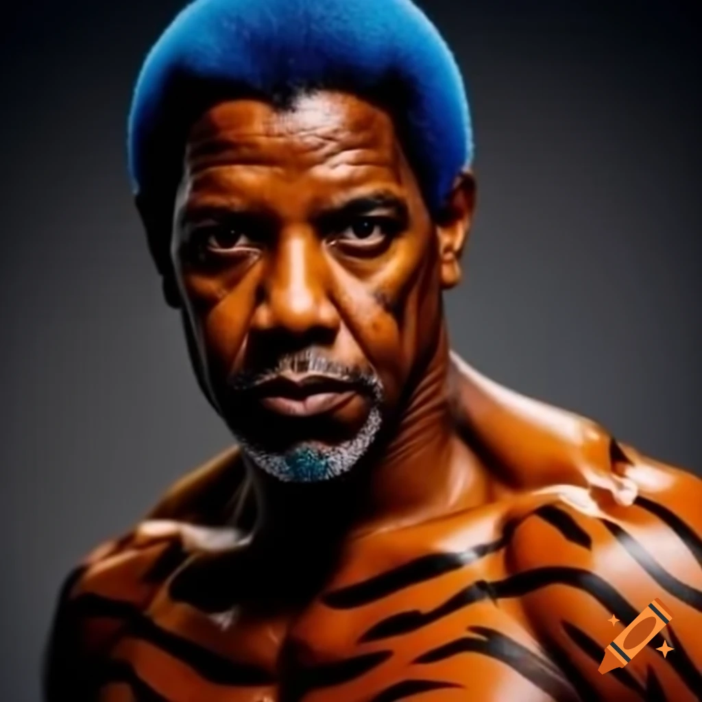 Muscular figure with tiger-style makeup, blue hair and orange skin