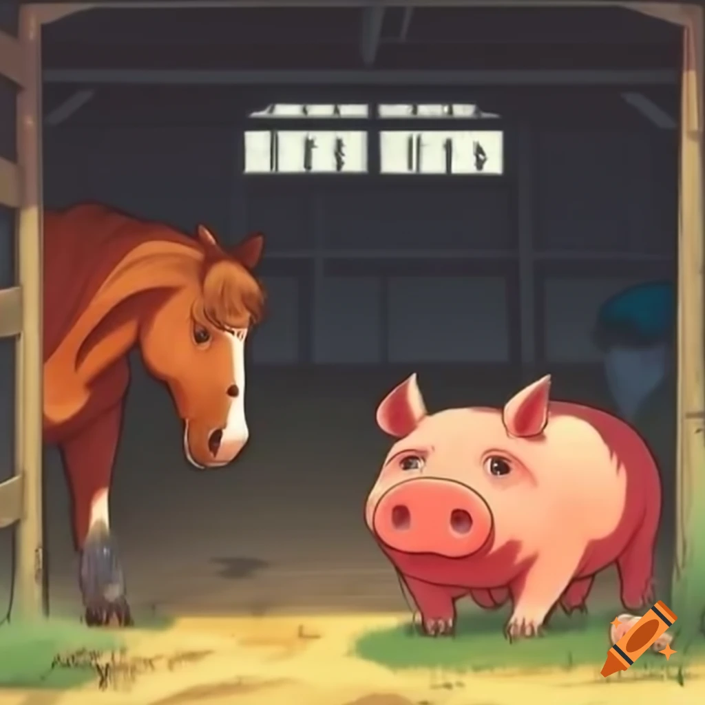 Horse and pig inside a barn