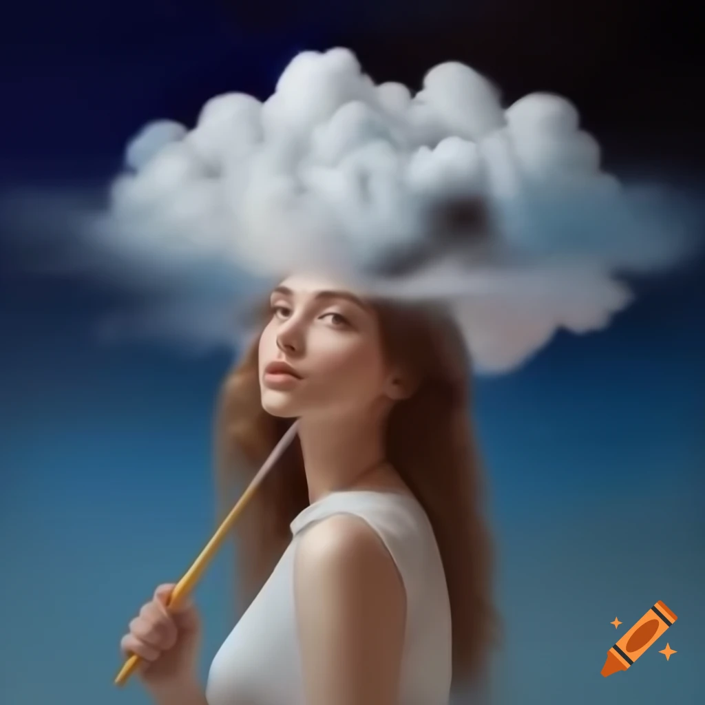 Woman painting whimsical clouds in magical sky