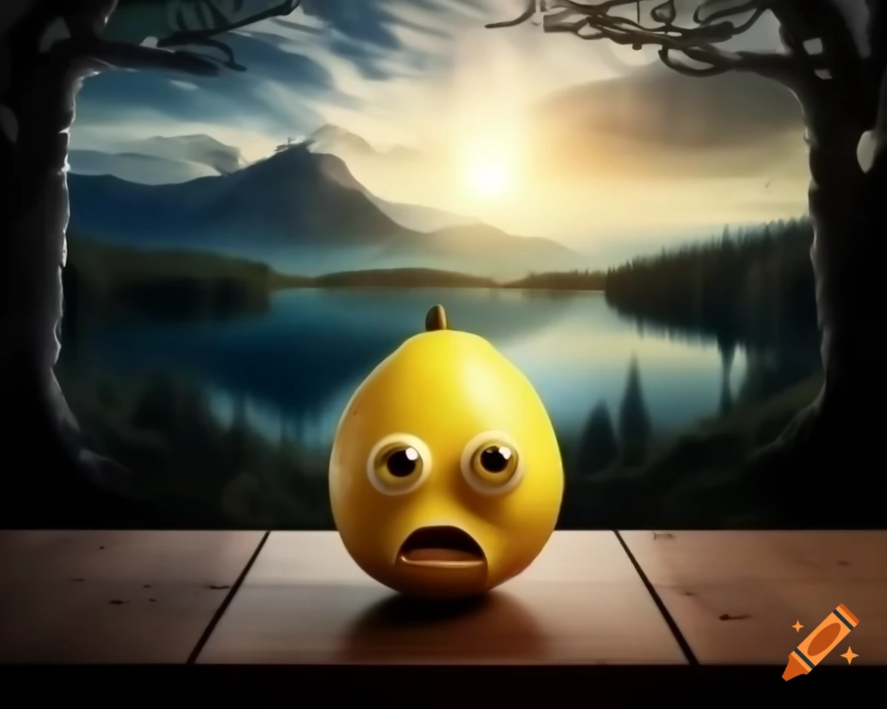 Surreal lemon monster sculpture with human features in forest setting