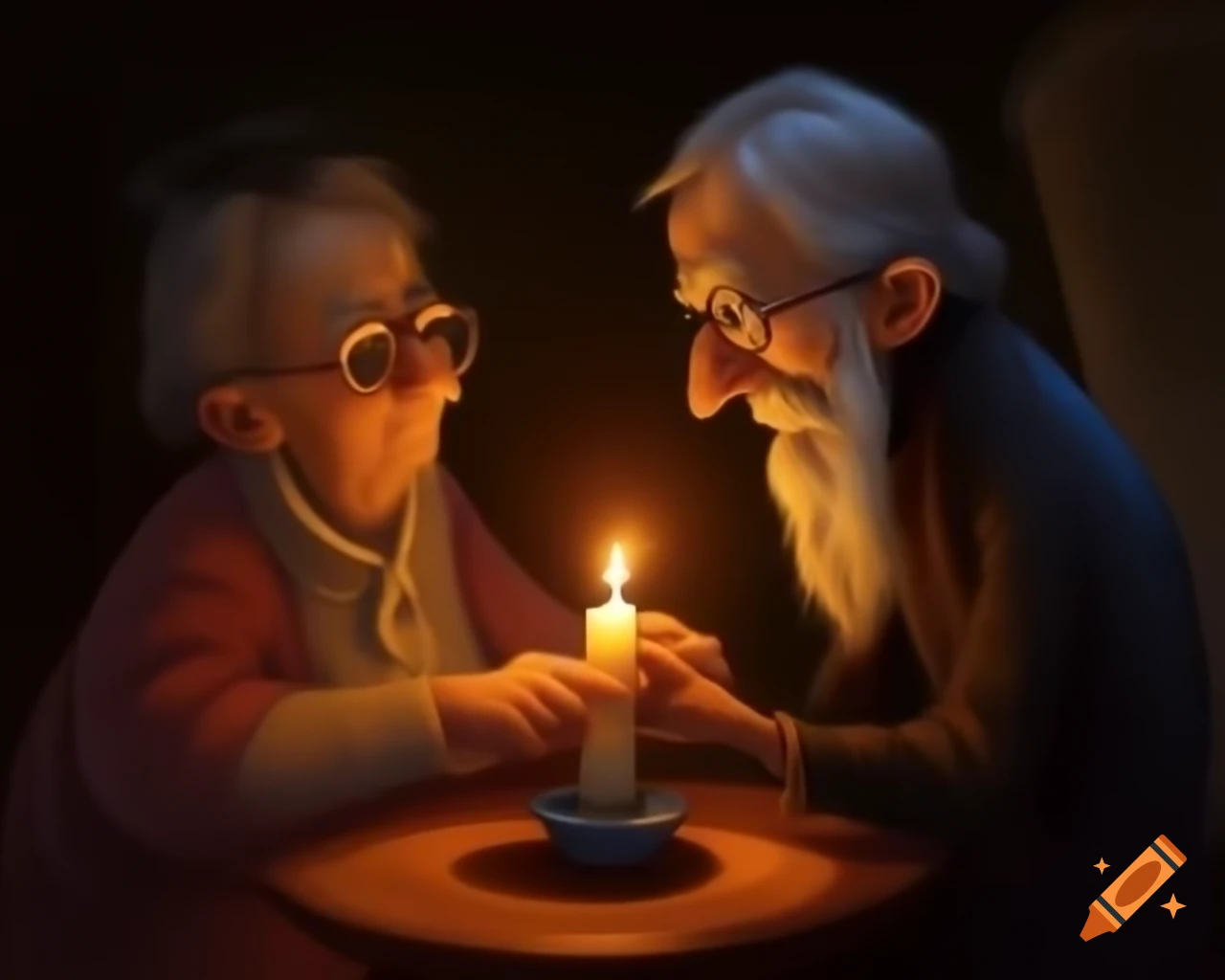 Elderly couple warming hands over candlelight