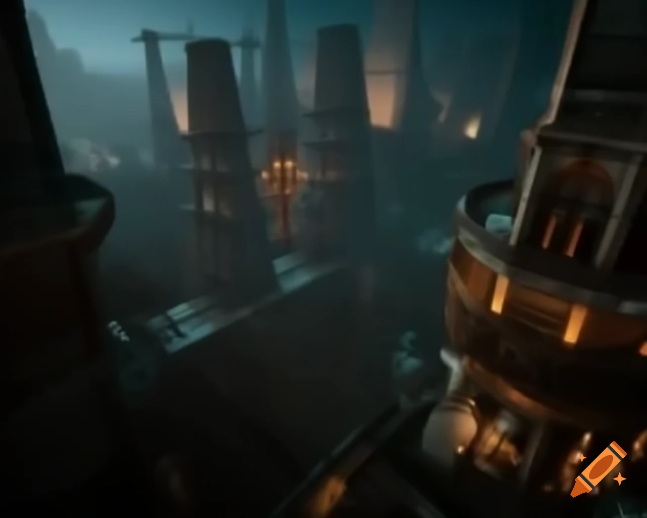 Alternate history cityscape with skyscrapers of rusted metal and intricate clockwork