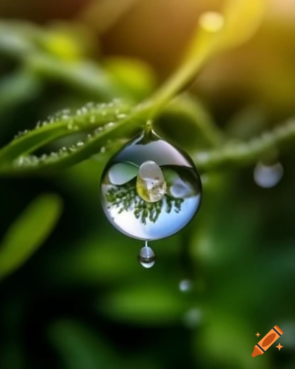 Radiant dewdrop on spider silk thread glinting in sunlight