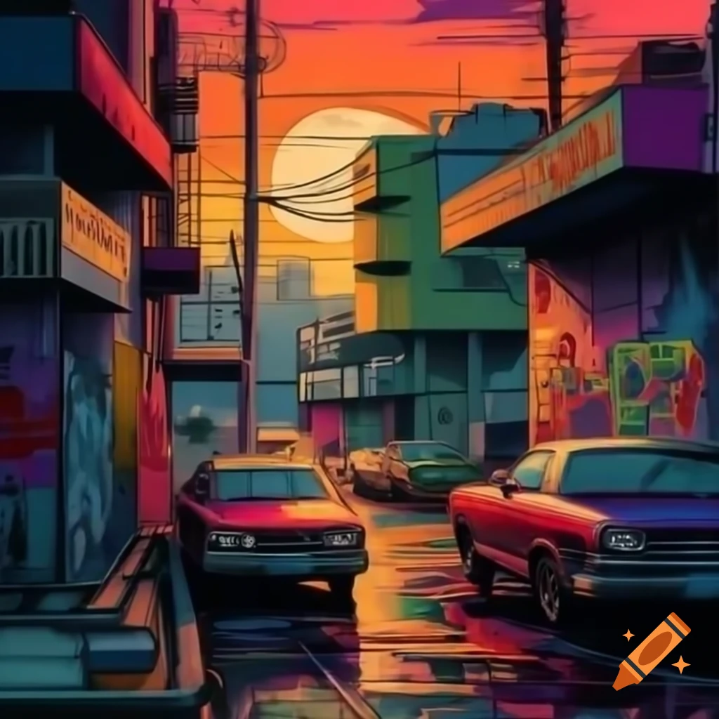 Colorful city ghetto with graffiti art under a rainbow sunset