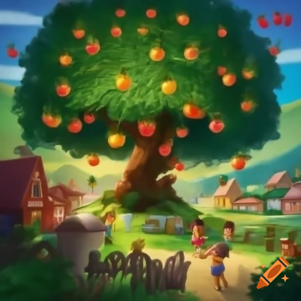 Vibrant tree with glowing fruits in colorful village with children