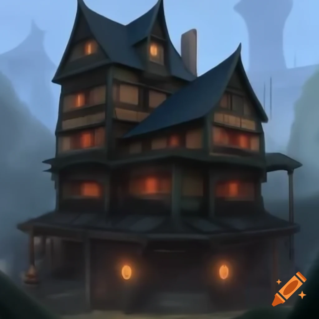Three-story ramshackle fantasy tavern exterior