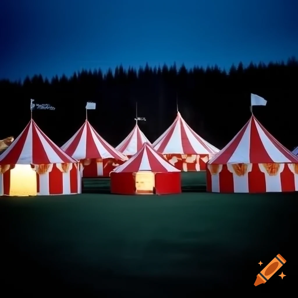 Circus tents in a field surrounded by forest at night