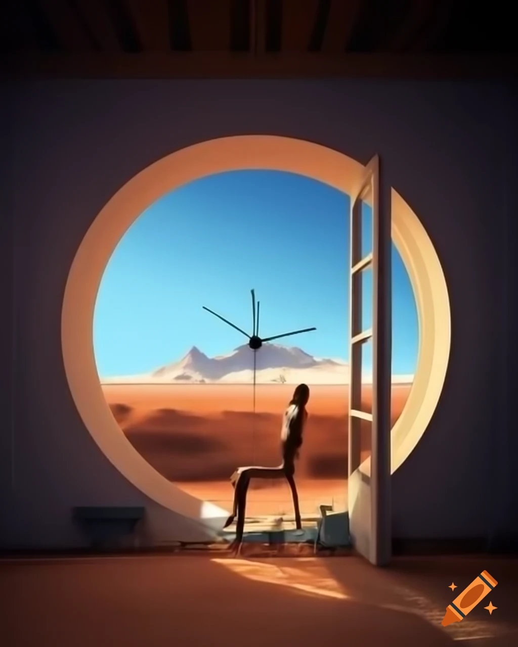 Surrealist interior with clock, mannequin, and orange light from ceiling window