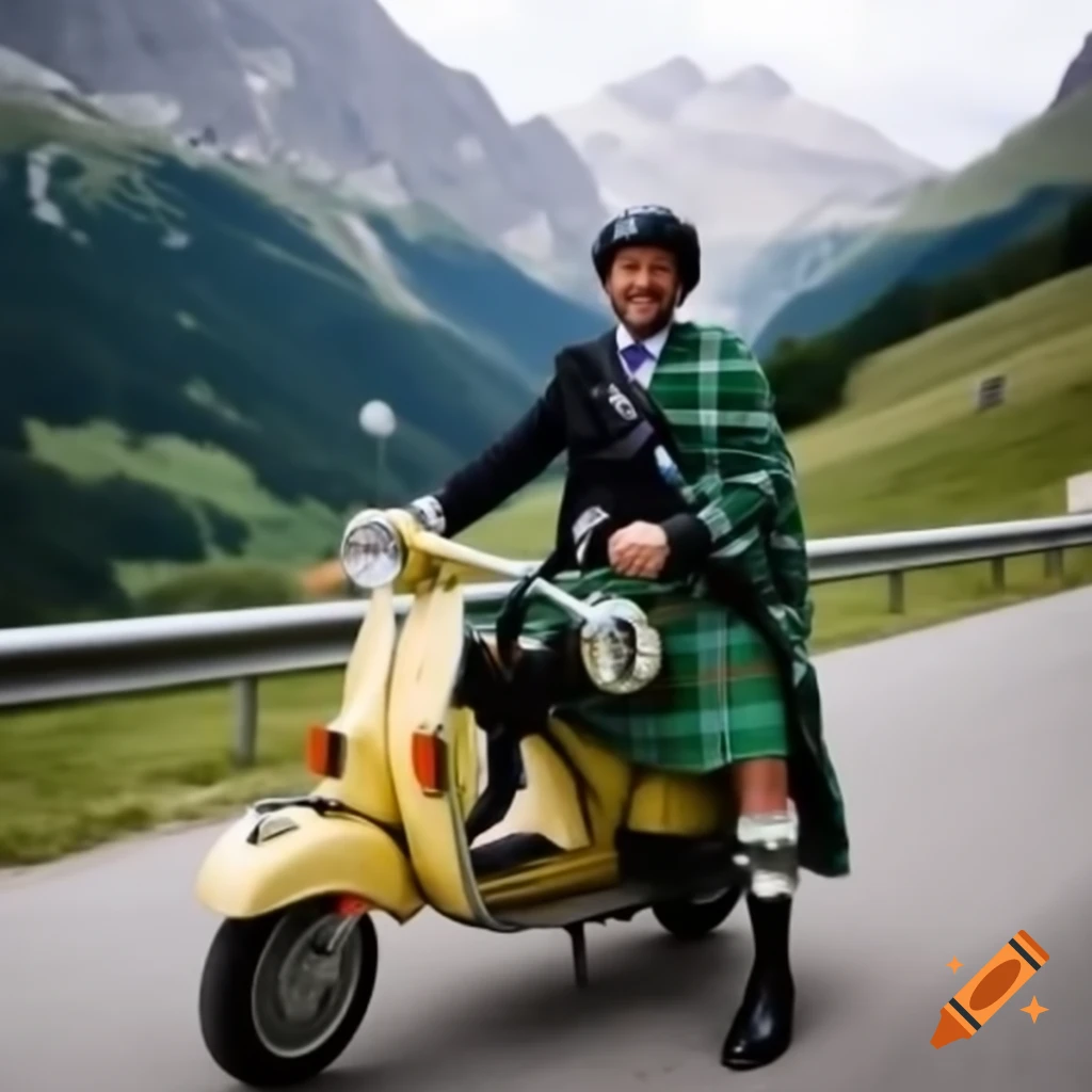 Irishman in kilt riding old scooter on winding mountain road