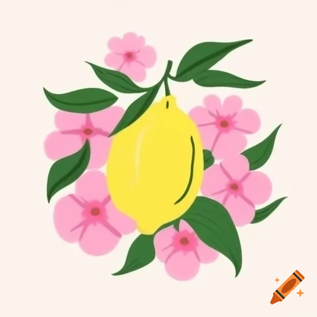 Lemon adorned with pink blooming flowers in illustration