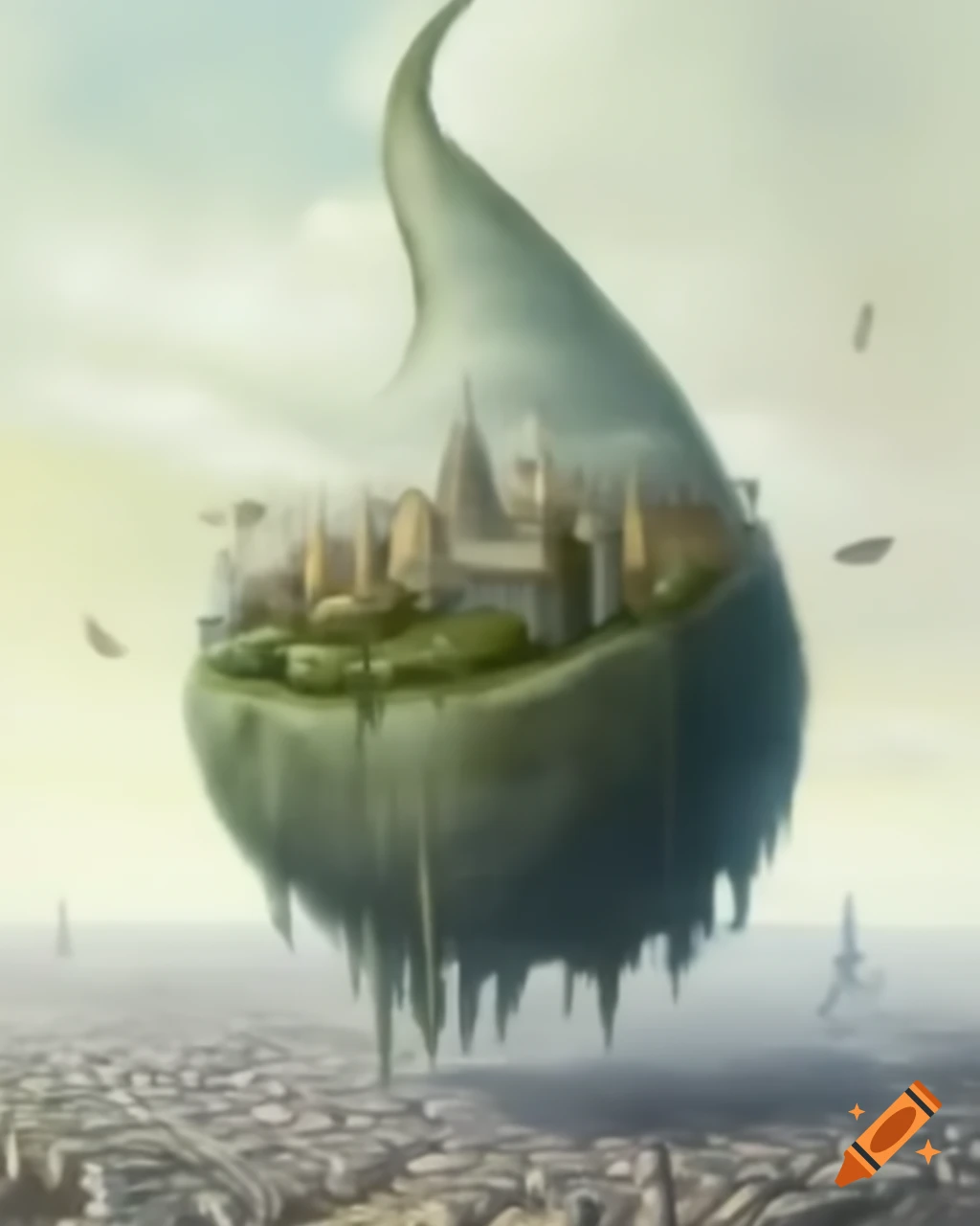 Upside down cityscape inside a distorted teardrop with delicate pencil shading