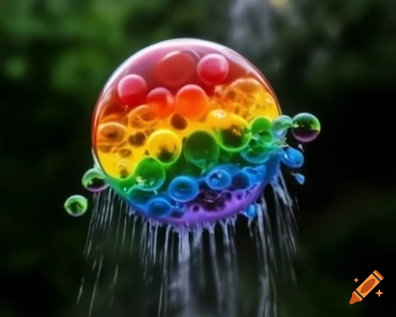 Rainbow-colored soap bubble bursting with substance falling out