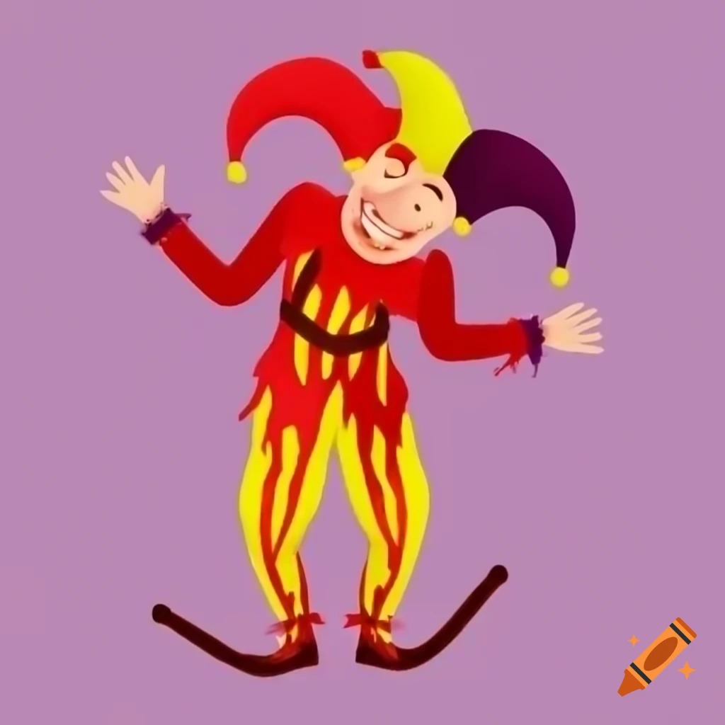 Funny jester in red and yellow trousers, brown leather shirt, and spiked hair
