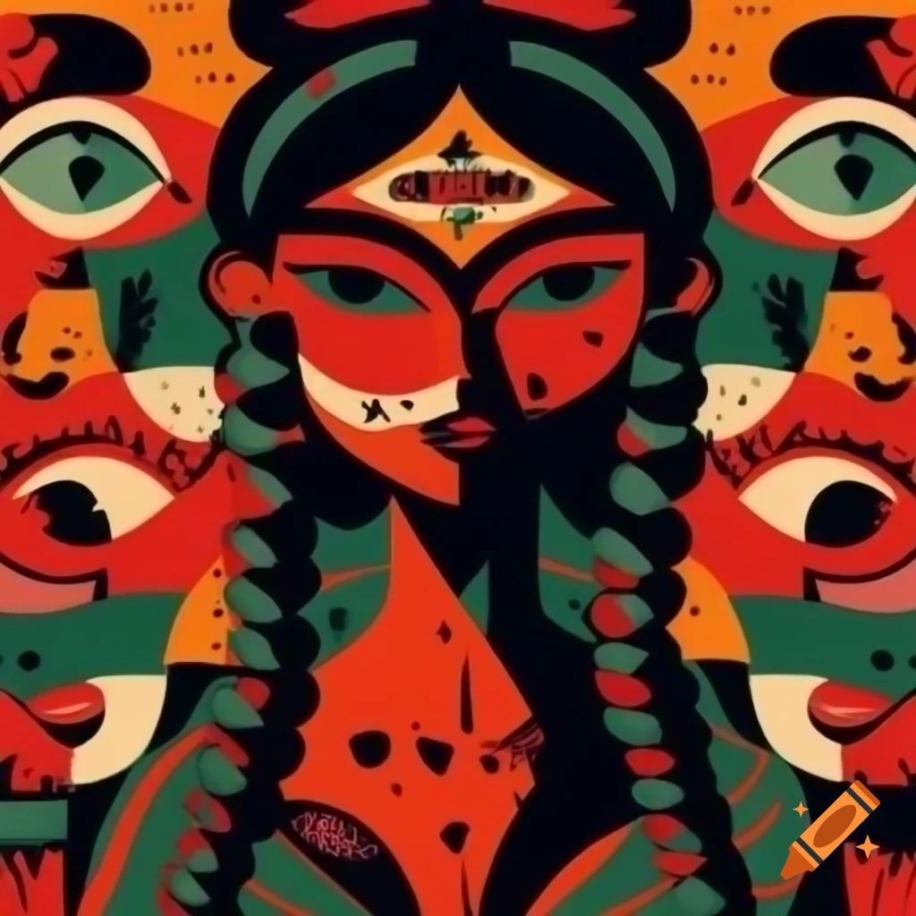 Stylized female figure with tribal mask elements inspired by Klee, Picasso, and Dubuffet