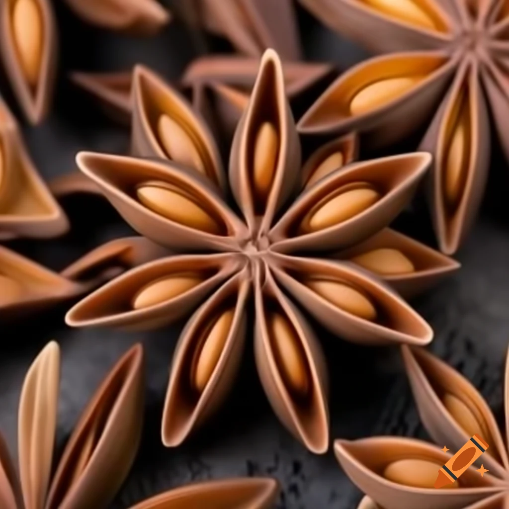 Brown star anise with seven symmetrical petal-like arms