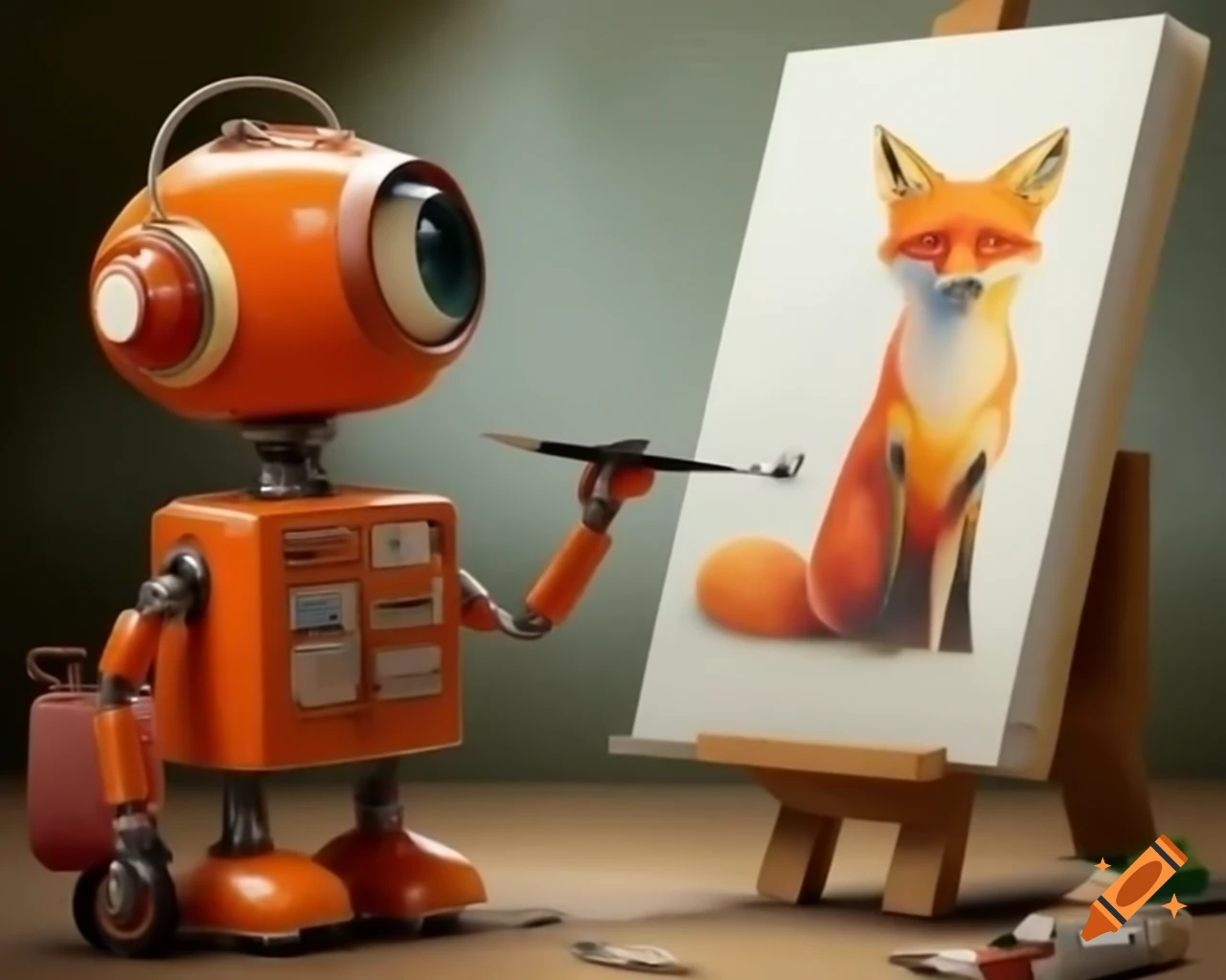 Orange robot painting a fox on canvas