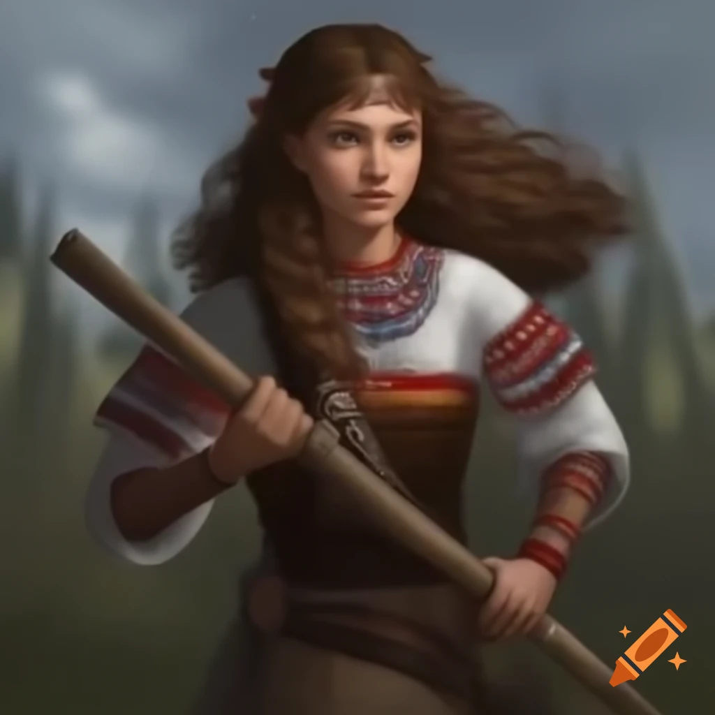 Slavic girl holding a weapon, strong and confident appearance