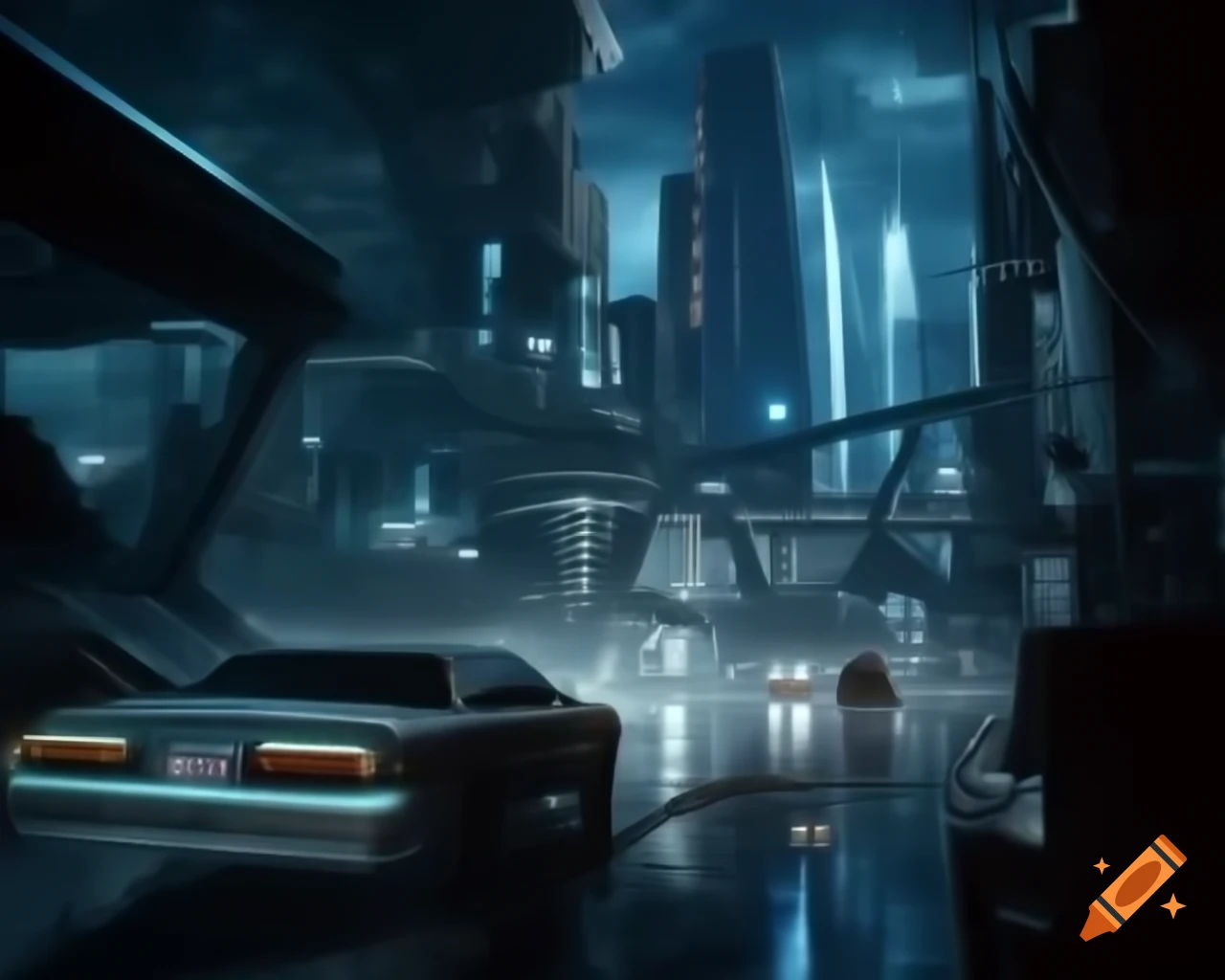 Futuristic cyberpunk cityscape with towering skyscrapers