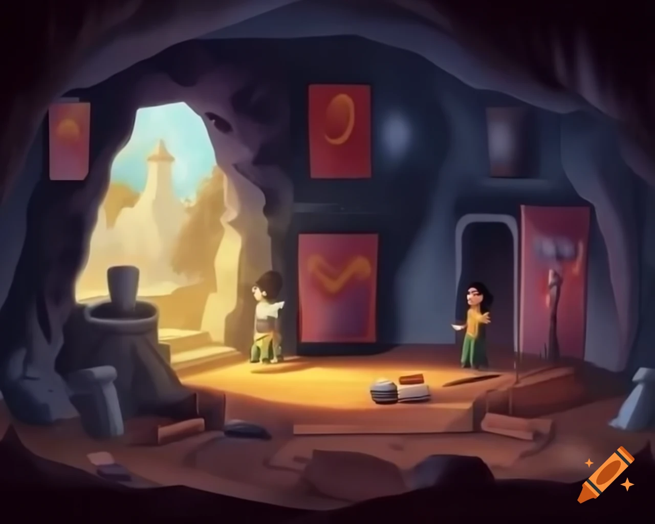 Rahul and Kartik examining ancient paintings in cave with mysterious symbols
