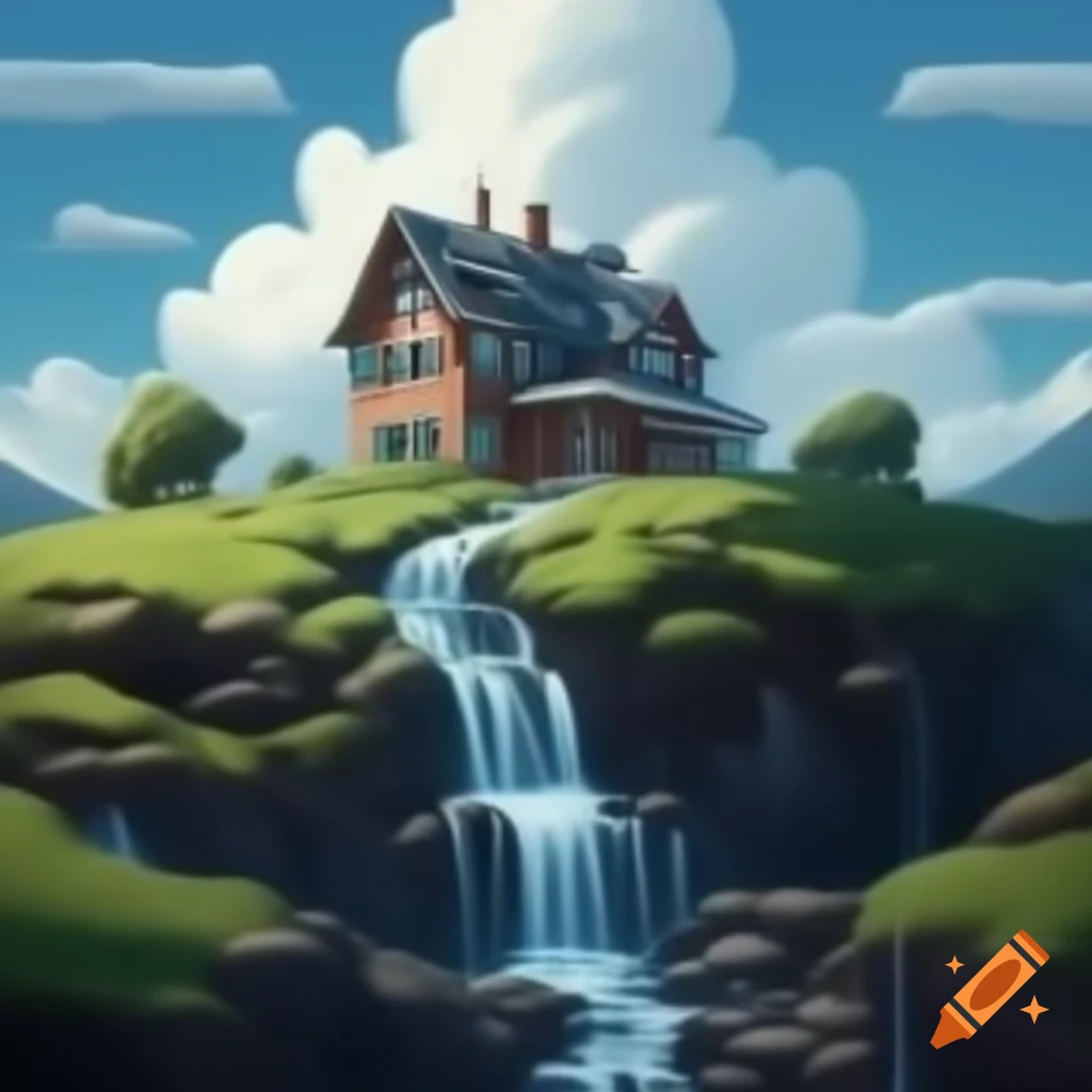 Realistic house on a hill with a waterfall