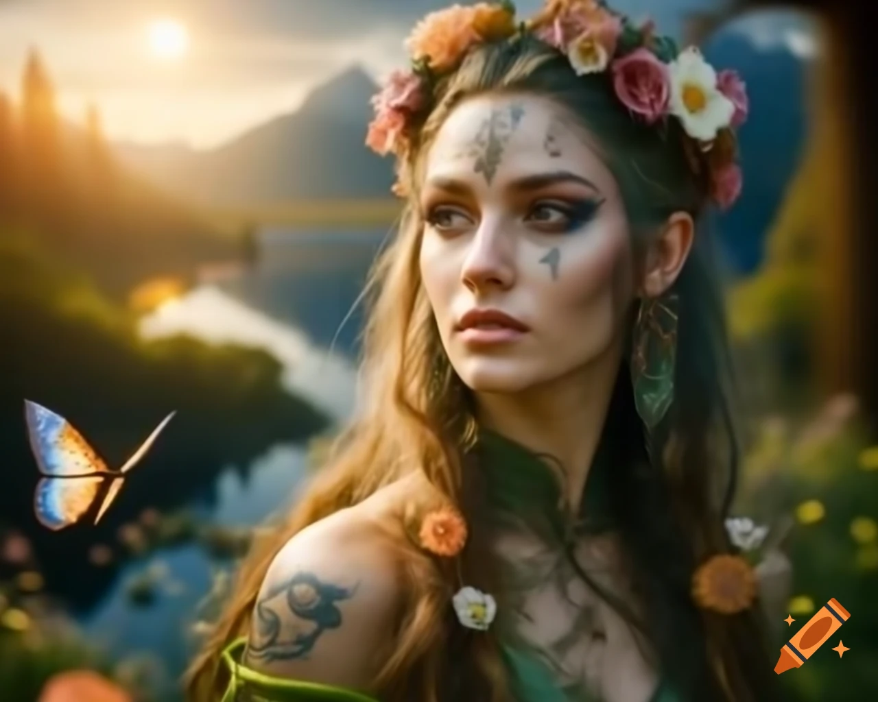 Hyperrealistic render of a mystical Norse Celtic woman adorned with flowers and butterflies in her hair