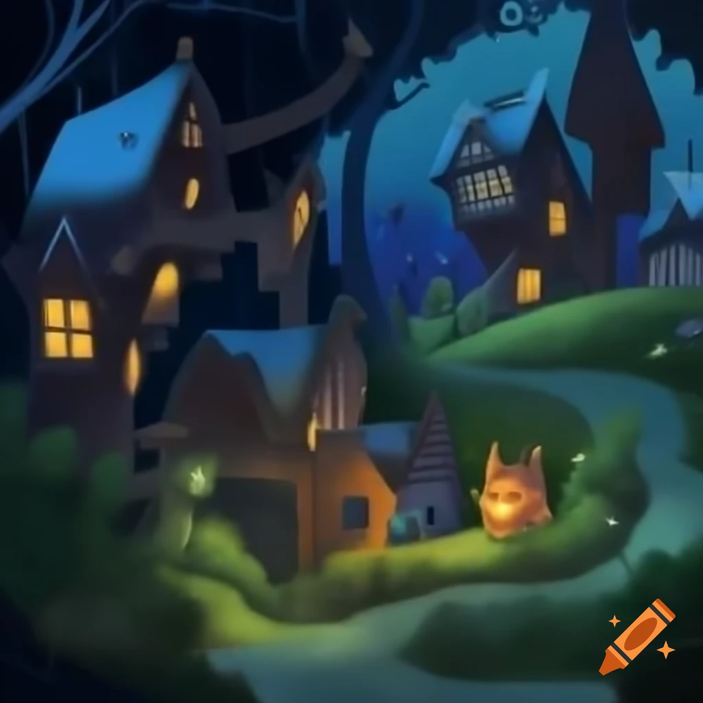Magical village and lively forest at nighttime