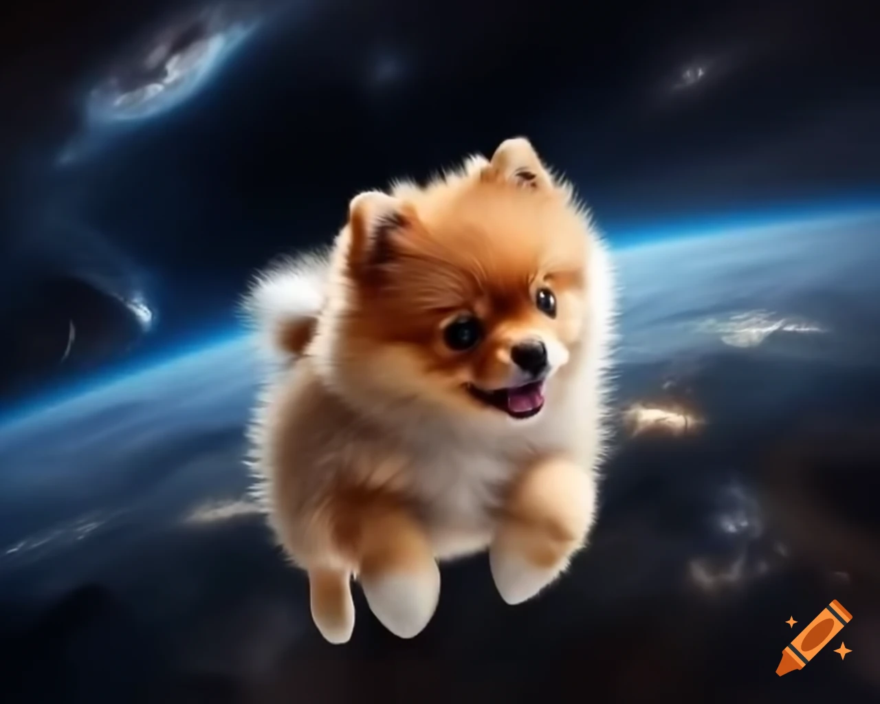 Fluffy Pomeranian puppy floating in space with twinkling stars
