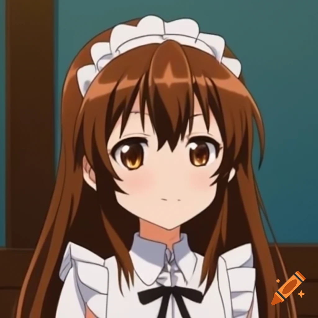Brown long-haired anime girl dressed in a maid outfit