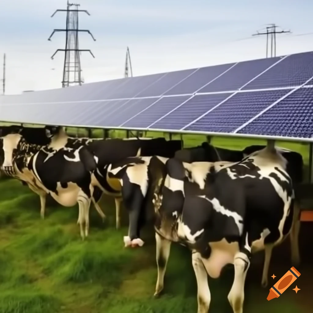 Herd of cows approaching technician at solar power station in green field