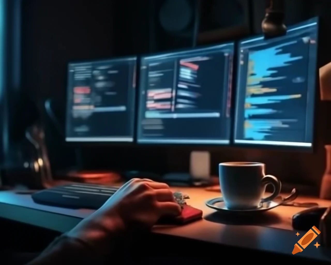 Close-up of hand holding high-tech coffee cup with visible steam, setting includes desktop