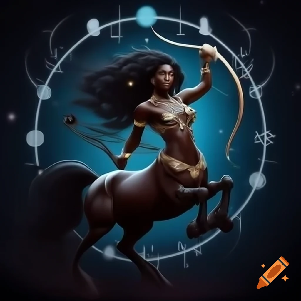 Elegant black female centaur with bow and arrow representing Sagittarius surrounded by zodiac symbols