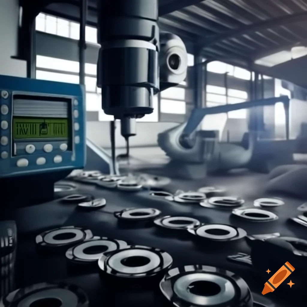 Digital gauge and CMM arm inspecting large metal bearing in industrial workspace
