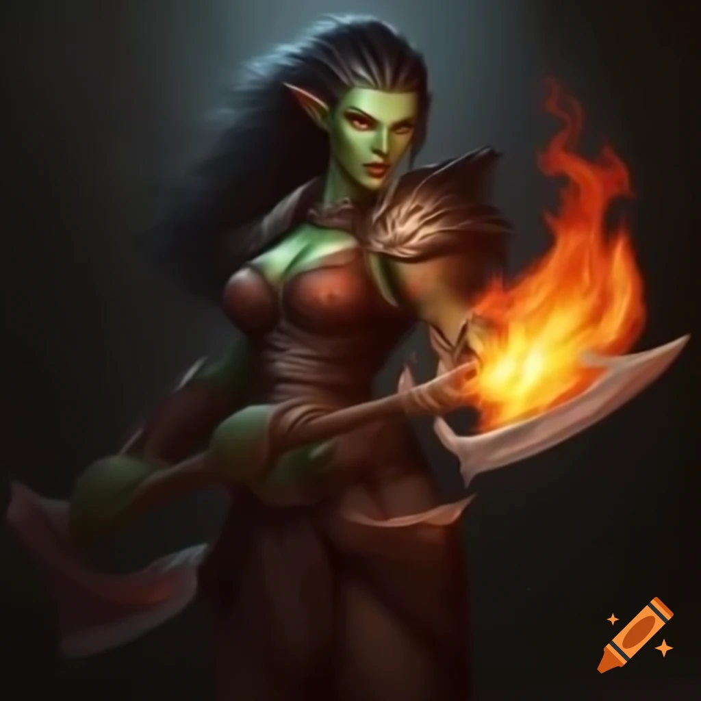 Female half-orc wielding a flaming great axe