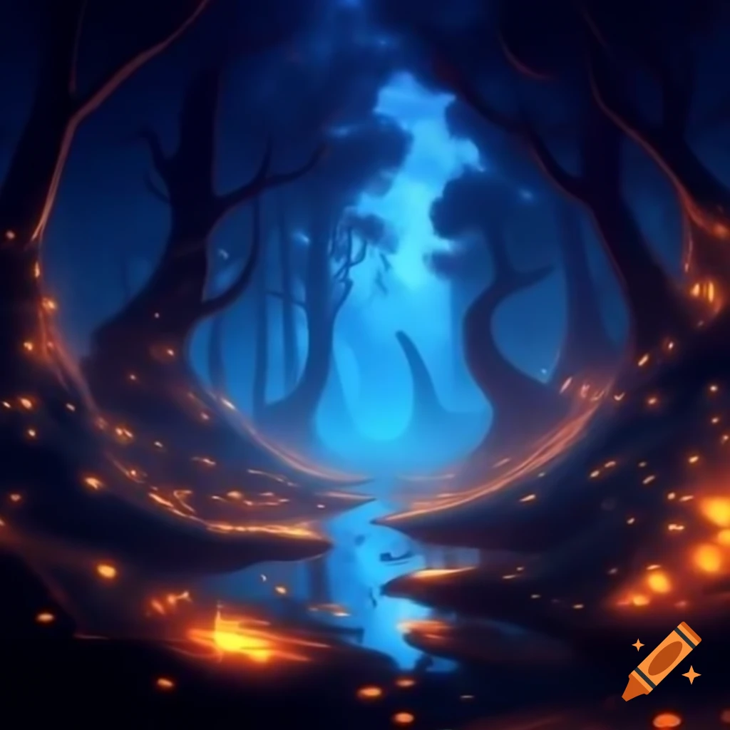 Enchanted bluish forest in the evening illuminated by fireflies
