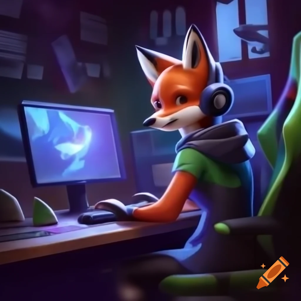 Fantasy art of a fox character playing on a computer